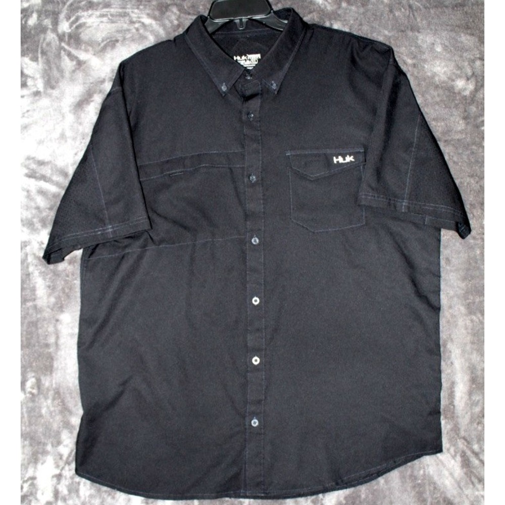 Huk Men XL Tide Point Short Sleeve Fishing Shirt Button Down Perforated Black